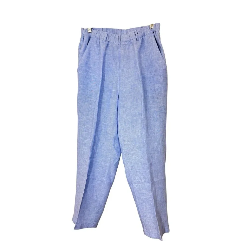 Quince European Linen Pants Women's Size Medium French Blue Elastic Waist Pocket